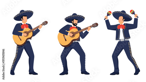 Group of traditional Mexican mariachi musicians wearing sombreros and playing guitars and maracas on a white background.