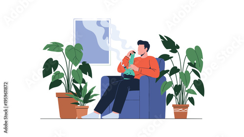 Man sitting comfortably in a blue armchair smoking a bong in a room filled with large green houseplants while relaxing at home.