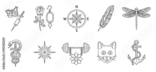 Compilation of versatile outline symbols featuring a tattoo machine, rose, compass, dragonfly, snake and dagger, star, cat face, and anchor, ideal for graphic design uses.