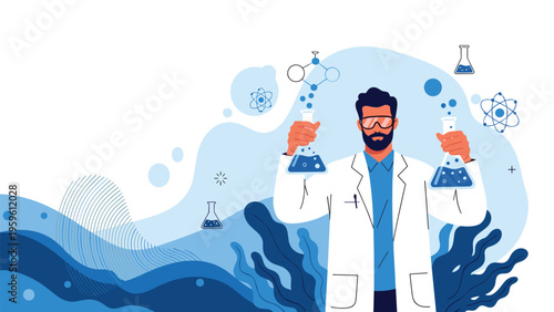 Professional scientist wearing a white coat and goggles holding two flasks with blue liquid in a chemistry lab.
