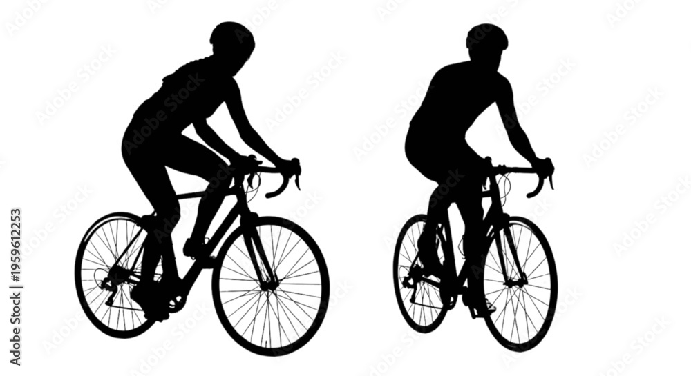 Fototapeta premium Silhouette of two cyclists riding bicycles