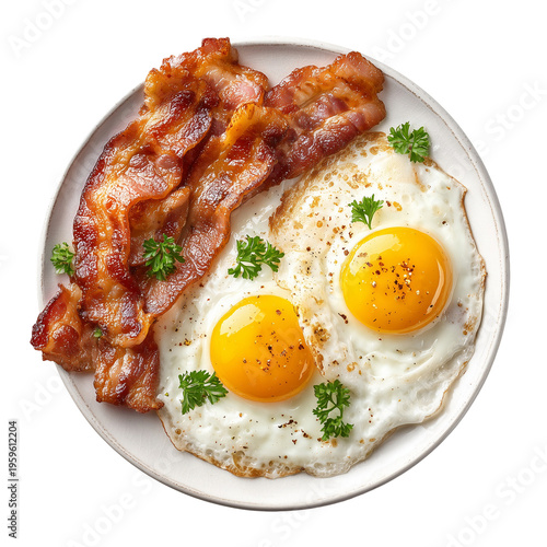 A plate of crispy bacon and fried eggs isolated on transparent background