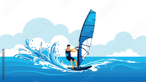 Athletic man windsurfing on the ocean waves under a blue sky with white clouds during a summer vacation in a tropical paradise.