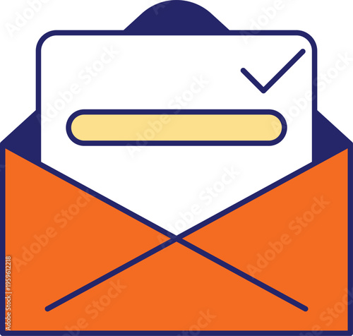An illustration of a confirmed email in an orange envelope with a white and blue interface