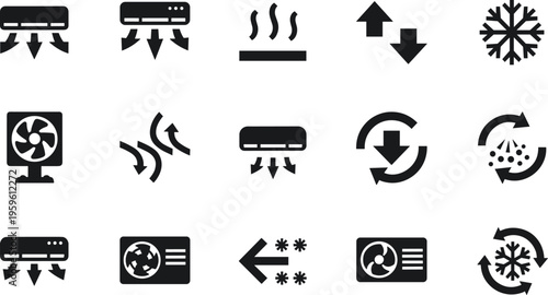 Stylized decorative HVAC icon set featuring air conditioning, heating, cooling, airflow, ventilation, purification, minimalist design, climate control artwork collection.