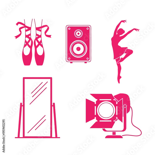 Ballet studio elements including pointe shoes, dancer, mirror, speaker, and spotlight.