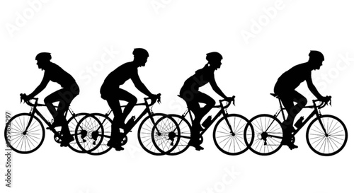 Silhouette of four cyclists riding in a line