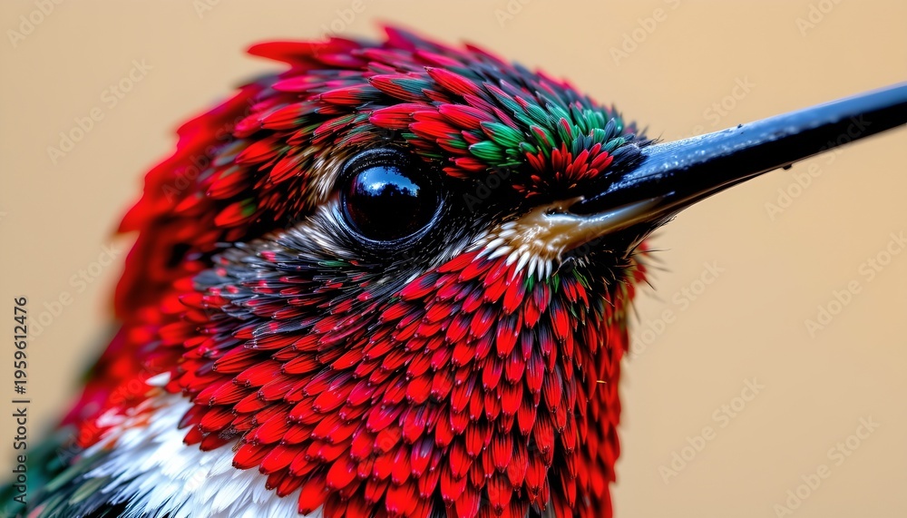 Naklejka premium The image features an extreme close up of a hummingbird's head, highlighting the vibrant, iridescent feathers that cover its crown and face