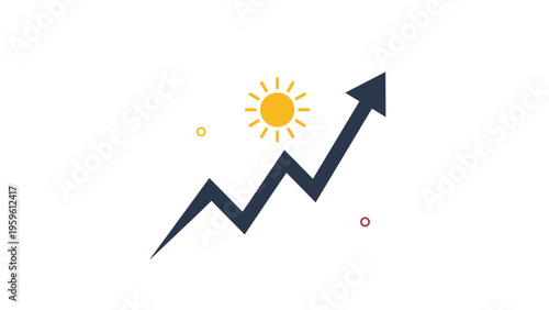Upward pointing growth arrow with sun icon representing positive business trends, financial success, and prosperity in a vibrant graphic illustration.