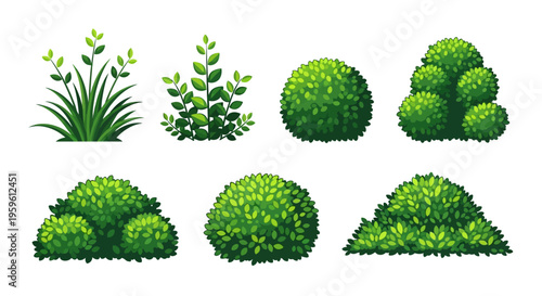 Set of Green Garden Bushes, Shrubbery and Foliage Elements Isolated on White Background. Cartoon Style Nature Plants for Landscape Design and Illustration.