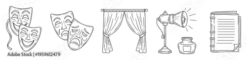 Theater vector collection featuring drama masks, stage curtains, megaphone, inkwell, and a script, ideal for performing arts or educational resources.