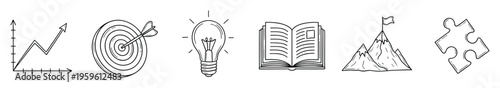 Hand drawn outline icons visualizing business and personal growth, goal achievement, innovative ideas, knowledge, reaching success, and problem solving, ideal for educational and