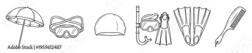 A comprehensive collection of summer vacation and swimming accessories including a beach umbrella, goggles, swim cap, snorkel equipment, flippers, and a comb for aquatic sports and holiday