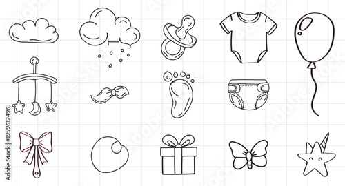 Black and white hand drawn baby shower newborn kids doodle set featuring pacifier diaper onesie gift and balloon vector