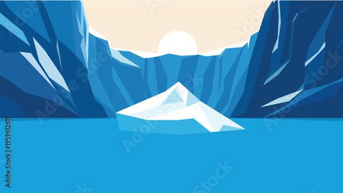 Cartoon Arctic landscape vector featuring icy seas and towering icebergs.