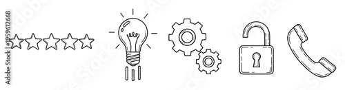 Collection of essential business icons depicting customer rating stars, an innovative idea lightbulb, operational gears, an unlocked security padlock, and a communication phone receiver for