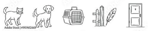 Line drawings of a cat, dog, animal carrier, wooden fence, birds feather, and house door for various uses like pet care, home decoration, or simple nature projects