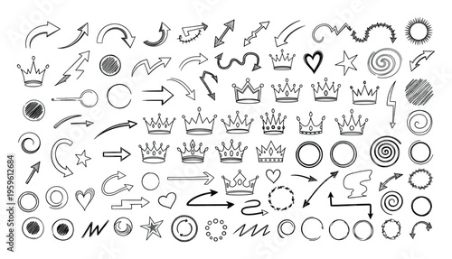 Collection of sketchy hand drawn arrows, royal crowns, abstract circles, sweet hearts, and stars provides versatile vector elements for digital media and print applications.