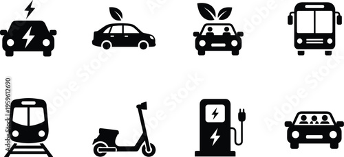 Black and white eco‑transport icon set featuring electric cars, buses, trains, scooters, charging stations, and carpooling sustainability symbols.