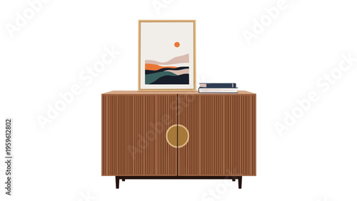 Mid-century modern wooden sideboard cabinet decorated with books and a framed abstract landscape painting against a clean white background.