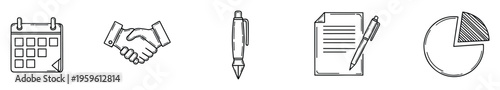 Collection of business related line icons for various office tasks project management financial analysis and important corporate meetings or agreements