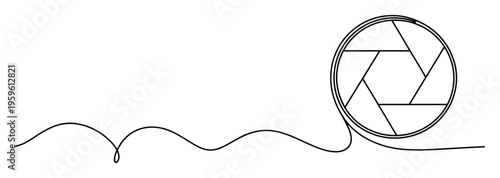 A minimalist continuous line drawing forming a sixblade camera aperture symbol representing photography and visual media for modern branding and graphic communication projects