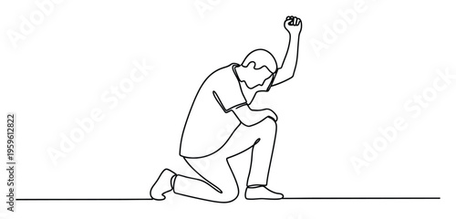 Powerful continuous line drawing of an individual kneeling with a raised fist, conveying messages of protest, solidarity, power, or justice, ideal for posters, presentations, and social