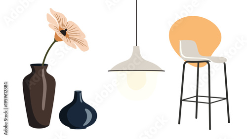 Modern interior design elements featuring two ceramic vases with a flower, a hanging pendant lamp, and a contemporary bar stool for home decor.