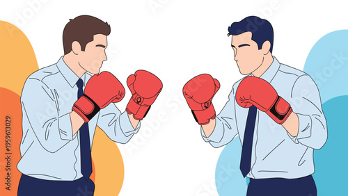 Two professional businessmen in shirts and ties wearing red boxing gloves in a competitive stance representing intense office rivalry and conflict.