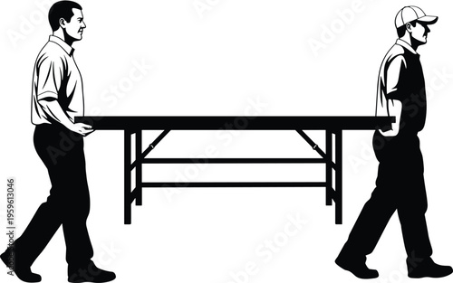 workers, carrying, table, teamwork, moving, furniture, transport, labor, service, people, job, activity, manual, work, cooperation, delivery, silhouette, task, effort, vector