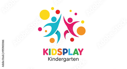 Colorful Kidsplay Kindergarten Logo Design with Stylized Jumping Children Figures and Playful Dots