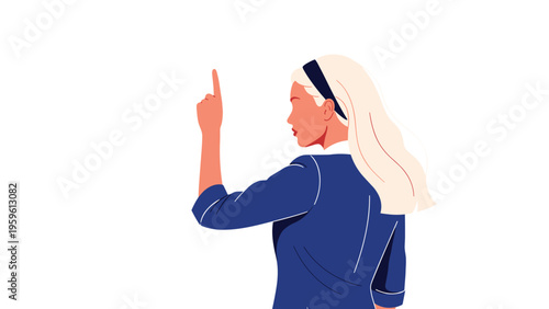 Profile view of a woman with blonde hair in a blue outfit pointing her finger upwards in a gesture of having a new idea or discovery.