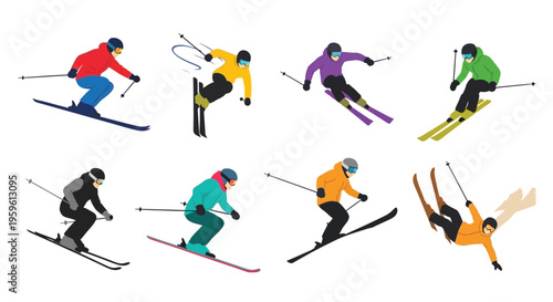 Stylized illustration of skiers in various poses and colorful winter clothing