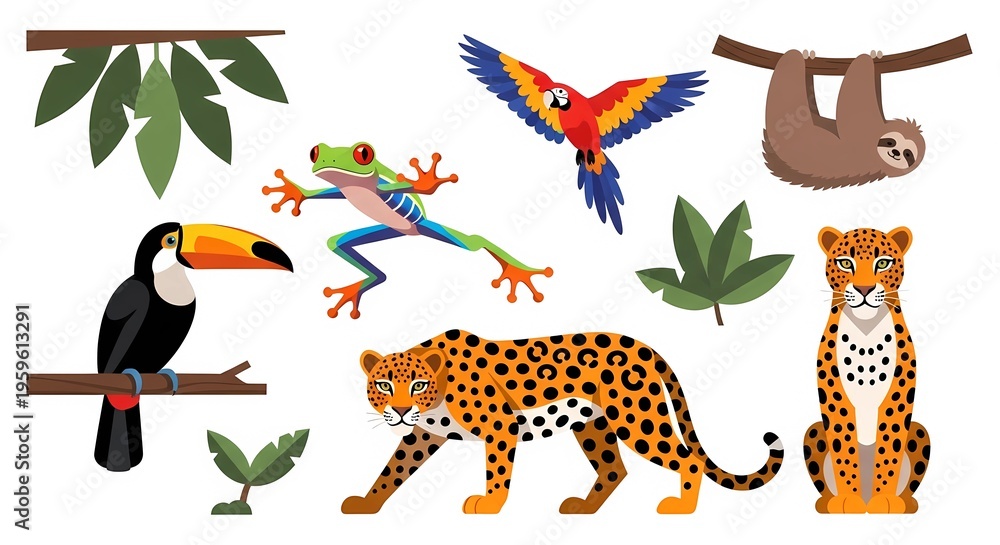 Obraz premium Tropical Jungle Animals Vector Set – Toucan, Parrot, Frog, Sloth, Leopard Cartoon Illustration