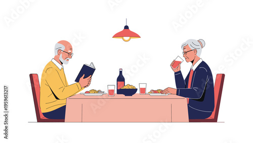 Senior man reading a book and an elderly woman drinking juice while sharing a meal at a dining table under a warm hanging lamp.