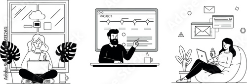 Remote work, business people icons, office workflow, line art set