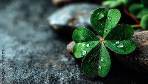 An elegant minimal composition featuring a four-leaf clover on a black background, representing luck and fortune