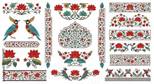 Indian Mughal Miniature Motifs and Taj Mahal Floral Vector Borders
