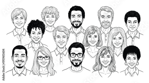 Diverse group of smiling people from various generations and backgrounds representing community and workforce for business presentations and social inclusion concepts