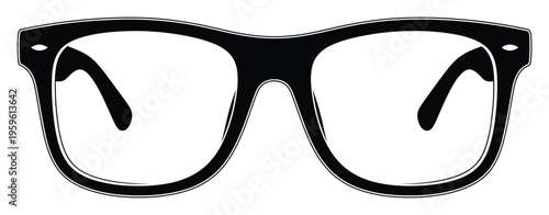 Black frame eyeglasses with clear lenses perfect for optical shop branding, vision care promotions, or a stylish accessory graphic representing modern intellectualism.