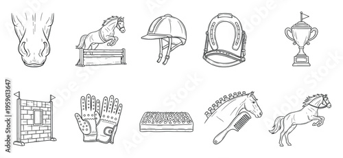 Detailed line drawings illustrating various equestrian elements like jumping horses, riding gear, grooming accessories, and competition trophies suitable for sports themed designs