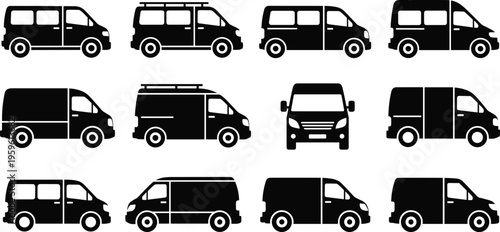 Black and white van icon set featuring multiple designs, side and front views, transport silhouettes, and logistics vehicle illustrations.