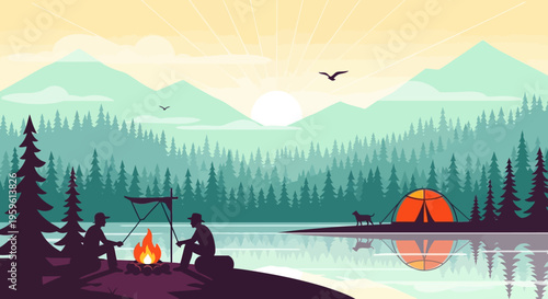 Outdoor Camping Adventure Flat Vector Illustration with Campfire Lake and Mountain Sunrise Background