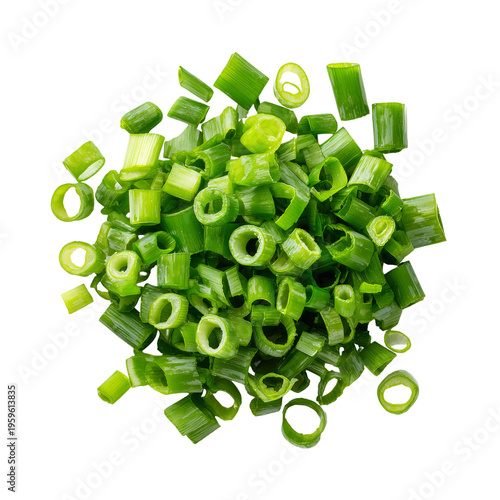 A pile of chopped green onions on a surface isolated on transparent background