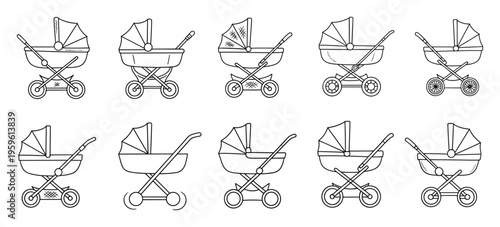 Collection of diverse baby stroller and pram outline icons for childcare product design or parenting blog graphics and print materials