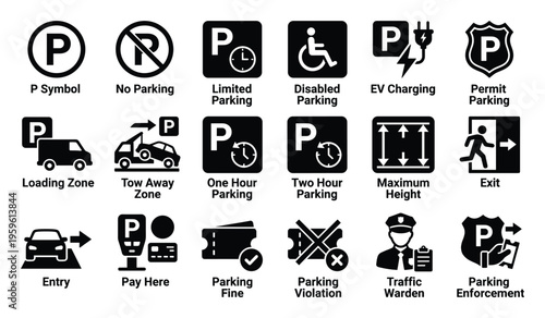 Comprehensive collection of essential parking regulation symbols and traffic management icons providing clear guidance for drivers and urban planning applications