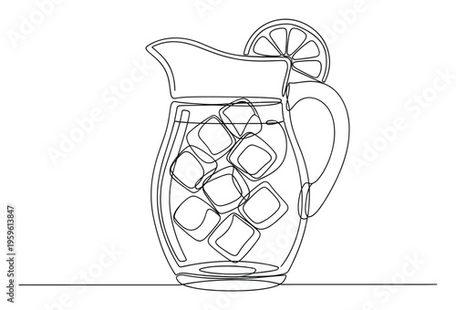 Refreshing pitcher of lemonade or iced tea with ice cubes and a lemon slice depicted in a modern continuous line drawing style for various beverage graphic asset needs