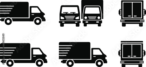 Black and white delivery truck icon set featuring side, front, and rear views for logistics, transport, and shipping design illustrations.