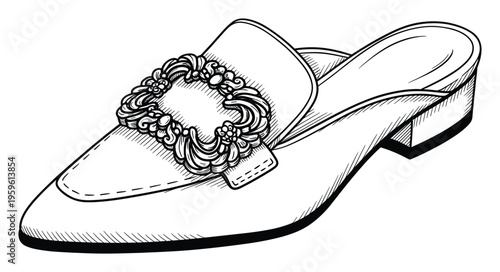 Elegant black and white line drawing of a stylish mule shoe featuring a decorative ornate buckle perfect for footwear catalogs and luxury apparel advertisements