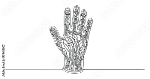 A futuristic robotic hand composed of intricate electronic circuits and wires depicted with a flowing single line style, symbolizing humanmachine interface for technology presentations and